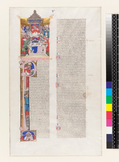 Page of text with an historiated initial P and a miniature depicting a cardinal enthroned, from Book V of the Decretals of Gregory IX, from Bologna, c.1350 by Italian School