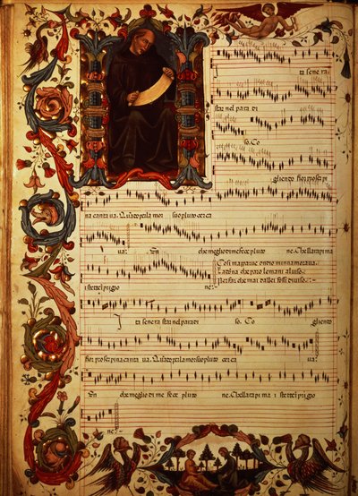 Page of Musical Notation with historiated initial, from the Squarcialupi Codex, produced at the Florentine monastery of S. Maria degli Angeli by Italian School