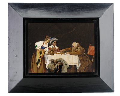 Panel depicting a cavalier and a monk at a dinner table with a lady in attendance, Menegatti, Florence, late 19th century by Italian School