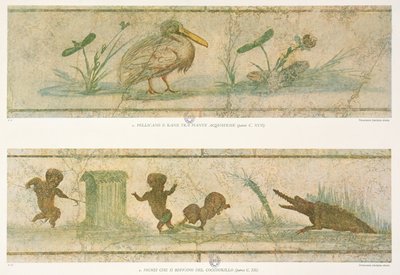 Pelicans, aquatic plants and pygmies fleeing before a crocodile, after the original frescoes, from Images du Colombaire de la Villa Pamphilj by G. Bendinelli by Italian School