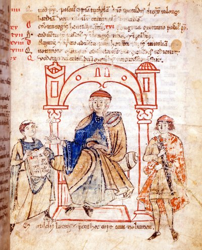Representation of Countess Mathilde of Canossa. “Vitas Mathildis” by Donizone. 13th century manuscript, Lucca, Bibl. Governativa. by Italian School