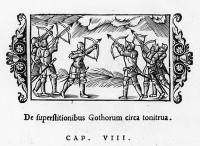 Scandinavians using their arrows to ward off thunder, from Historia de Gentibus Septentrionalibus by Olaus Magnus, published in Rome, 1555 by Italian School