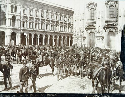 Soldiers, under the command of General Bava Beccaris, in front of the Cathedral, during the riots in Milan, 6th-9th May 1898 by Italian School
