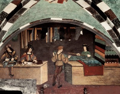 Tailor shop. One man is sewing, another is cutting the fabric and a third is selling the textile to a client. Fresco Castle Issogne (15th century) by Italian School