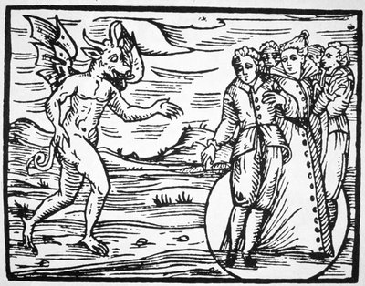 The Evocation of the Devil, copy of an illustration from Compendium Maleticarum by Fr M Guaccius, Milan 1608, used in a History of Magic, published late 19th century by Italian School
