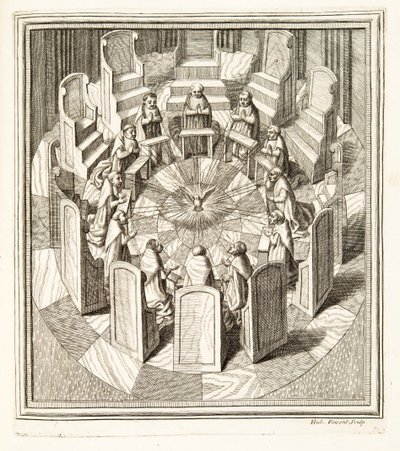 Twelve Judges of the Rota praying in a circular hall surrounding the Holy Spirit, pub. 1717 by Italian School