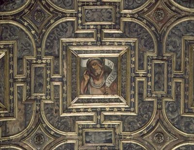 View of the panelled ceiling with painted panels by Italian School