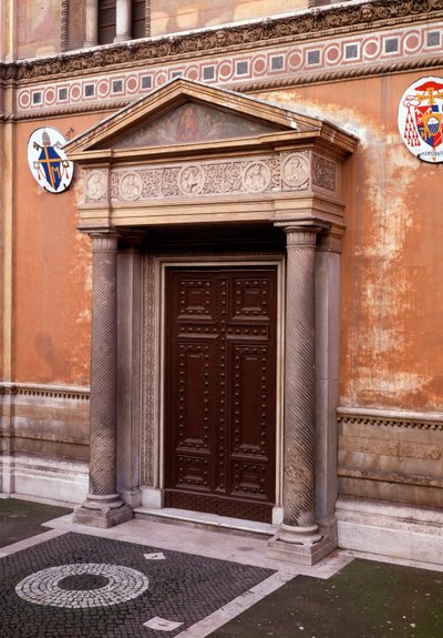 View of the porch with a marble frieze which shows (from left to right) Pastore (the first church owner), Pudenziana, Prassede and their father Pudens, in the middle the mystic lamb by Italian School