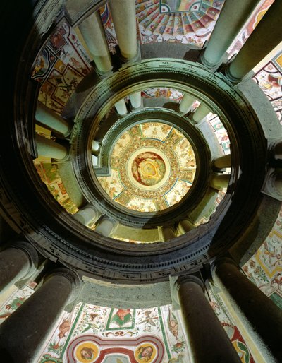 View of the stone spiral staircase looking up towards the ceiling, designed by Jacopo Vignola and his successors by Italian School