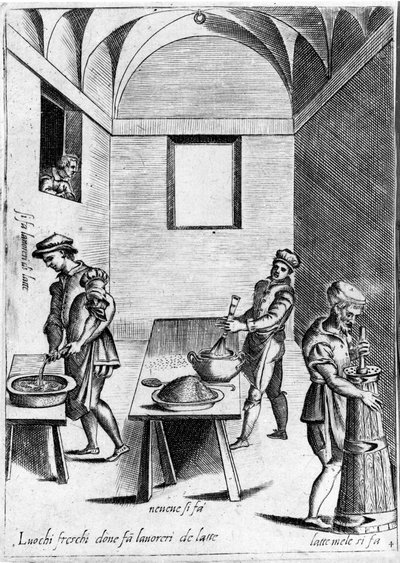 Working milk (dairy product) in a cool place. Engraving from 