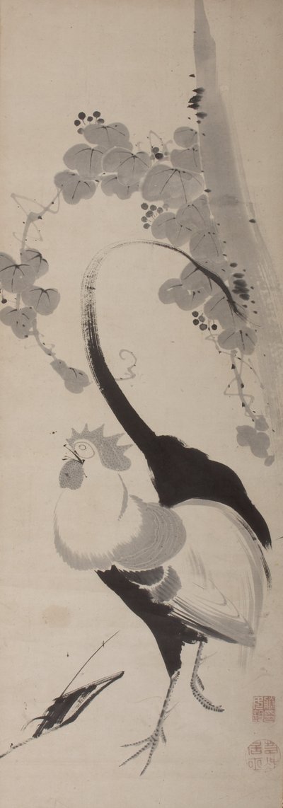 Rooster and Grapevine, Hanging Scroll, Edo Period by Ito attr. to Jakuchu