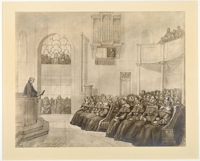 Diaconissen-Kirche, Pastor Fliedner preaching to the deaconesses in the chapel at Kaiserswerth, 1840 by J.B. Sonderland