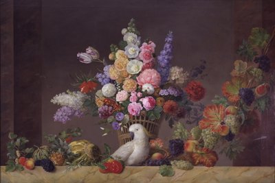 A Basket with Flowers, a Cockatoo, and a Fruit Garland by J.L. Camradt