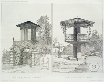 Portal with kiosk, Meudon, and covered terrace, St. Denis, from a volume of designs by various architects, pub. Morel & Cie, Paris, c.1880 by J. Boussard