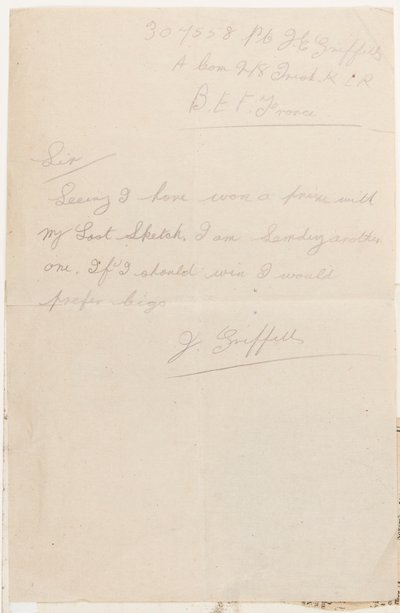 Letter to the Competition Editor of the Liverpool Weekly Courier, 1917 by J. Griffiths