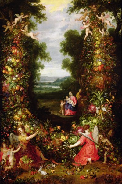 Holy Family in a Landscape with a Garland of Fruit and Vegetables by J. and Avont, P. van Brueghel
