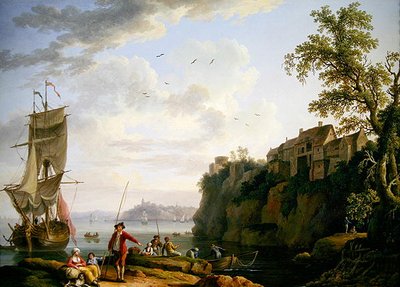 Fishermen by a Moored Vessel with a Village by Jacob Philippe Hackert