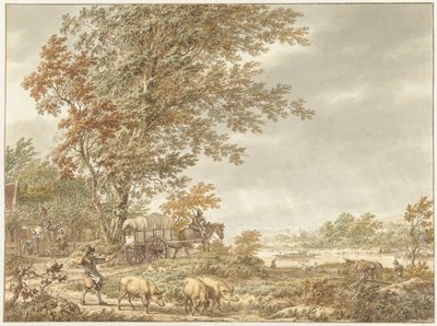 Hilly Landscape with Pig Herder and Other Figures, a River in the Distance by Jacob  Cats
