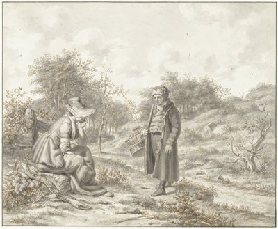 Hilly Landscape with Seated Woman and Standing Man with Basket by Jacob Ernst Marcus