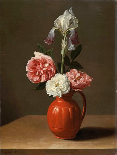 An Iris and Three Roses in an Earthenware Pot by Jacob  Foppens van Es