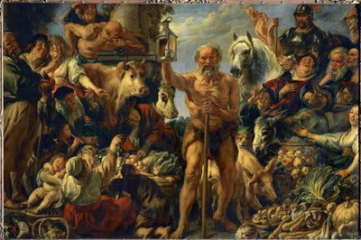 Diogenes with His Lantern, Searching for Human Beings in a Lively Marketplace by Jacob Jordaens