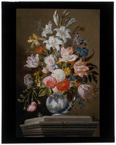 Still Life with Tulips, Carnations and other Flowers in a Porcelain Vase on a Pedestal by Jacob Marrel