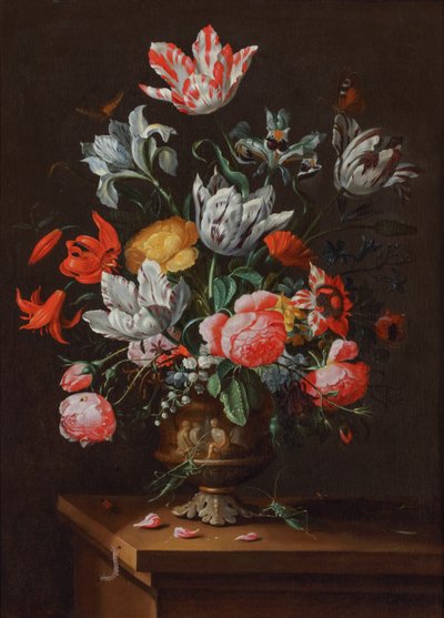 Tulips and Other Flowers in a Painted Stoneware Baroque Vase on a Wooden Ledge by Jacob Marrel