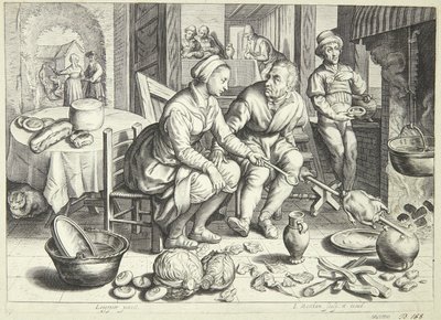 Kitchen Scene with a Man and a Woman Roasting a Chicken by Jacob Matham