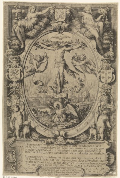 Crucifixion in Allegorical Frame (Trou moet blycken) by Jacob Matham