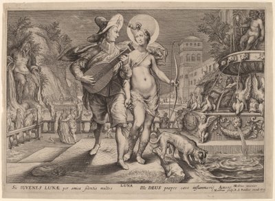 Diana as Luna Accompanying a Young Man Serenading by Jacob Matham, after Hendrik Goltzius
