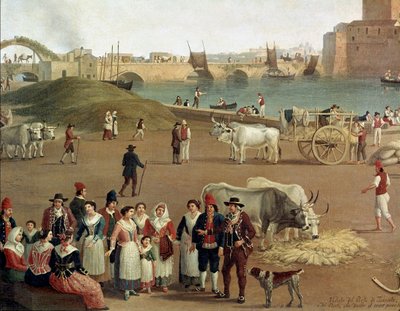 View over Taranto harbour, detail of commercial activities, workers and people in traditional dress by Jacob Philippe Hackert