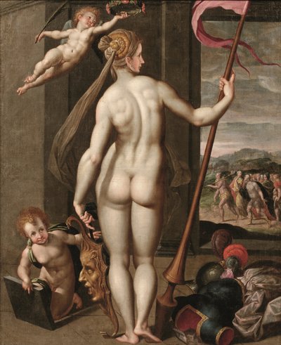 Minerva holding a lance while being crowned with laurels by a putto by Jacob de (studio of) Backer