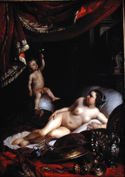 An Allegorical Vanitas with Homo Bulla (Man is Like a Bubble) and Vrouw Wereld (Lady World) 1654 by Jacob or Jacques van Loo