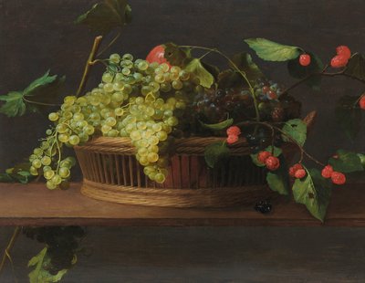 A basket of grapes and raspberries on a ledge by Jacob Van Es