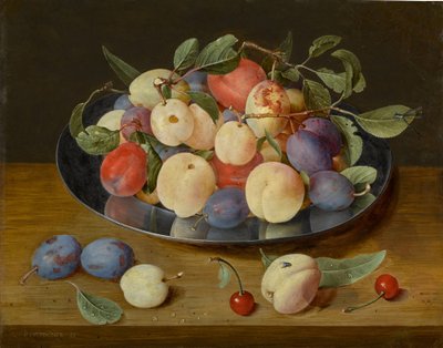 Still Life of Plums and Peaches on a Pewter Plate, with Plums, a Peach and Cherries, All on a Table by Jacob van Hulsdonck