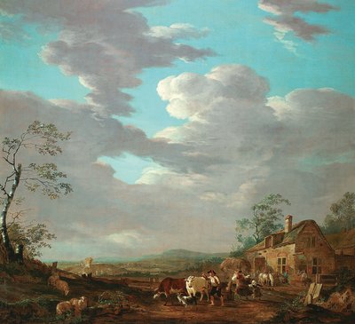 Landscape with figures and cattle near an inn by Jacob van Strij