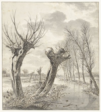 Winter Landscape with Pollard Willows along a Frozen Ditch by Jacob van Strij