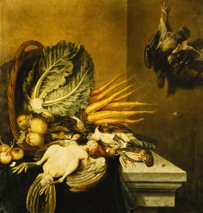 An Overturned Basket of Fowl, Turnips, Apples, Onions and a Cabbage on a Ledge Draped with a Green Cloth by Jacobus Biltius