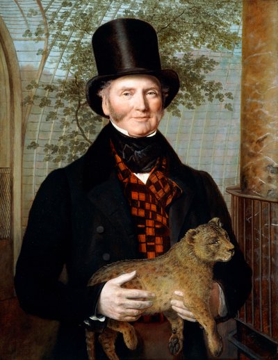 Portrait of Edward Cross, Half-Length, in a Black Coat and Red-Check Waistcoat Holding a Lion Cub by Jacques Laurent Agasse