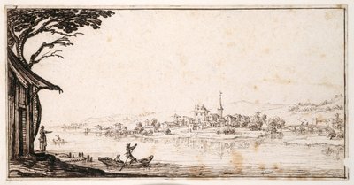 Ferrying a Passenger Across a River to a Small Town Linked by a Bridge to a Castle by Jacques Callot