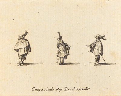Lady with Dress Gathered Up, and Two Gentlemen by Jacques Callot