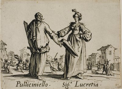 Pulliciniello - Lady Lucretia, plate 9 from Balli di Sfessania by Jacques Callot