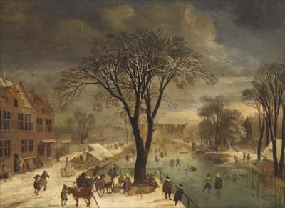 Winter Scene with Skaters on a Frozen River by Jacques Fouquieres