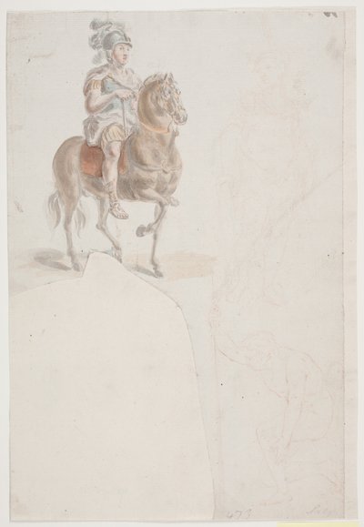 Rider in Roman Costume with Feathered Helmet. Also Two Faint Red Chalk Sketches of Standing and Half-Kneeling Men. by Jacques Francois Joseph Saly