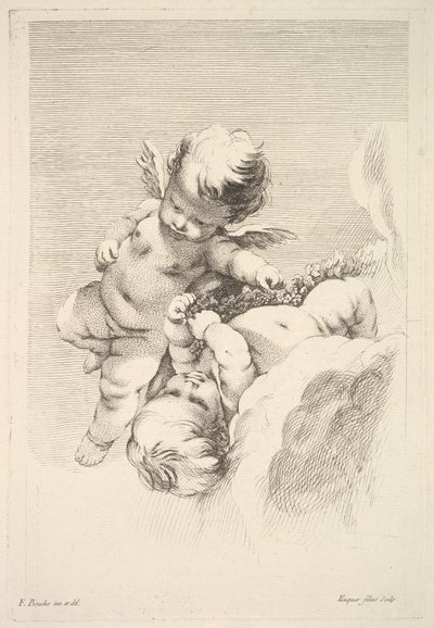 Two Cupids, One Holding a Wreath, mid to late 18th century by Jacques Gabriel Huquier
