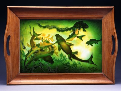 A double overlaid and etched glass tray depicting fish swimming amidst foliage, c.1905 by Jacques Gruber