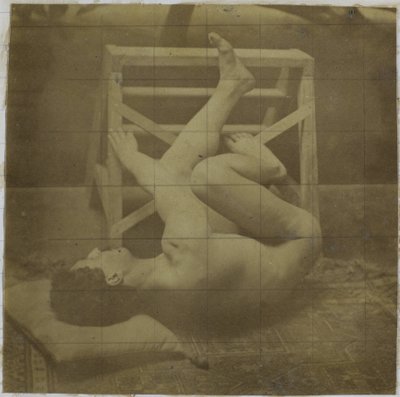 Study of a Male Nude Model, Lying with Legs Raised Against a Step, in the Studio of Jacques de Lalaing by Jacques Lalaing (attributed to)