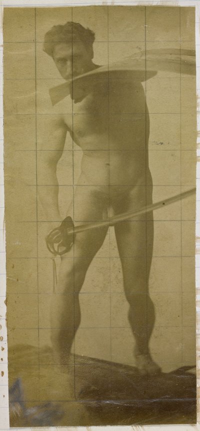 Study of a Male Nude Model, Standing with Sword and Shield in Hand, in the Studio of Jacques de Lalaing by Jacques Lalaing (attributed to)