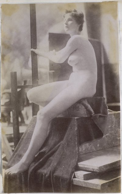 Study of a Female Nude Model, Sitting on a Podium and Seen from the Side, in the Studio of Jacques de Lalaing, Preliminary Study for the Fernand Scribe Tomb Monument in the Cemetery of Ghent by Jacques Lalaing (attributed to)