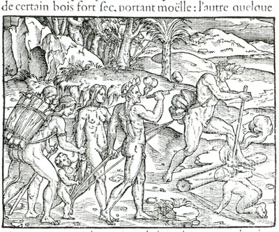 Indian Natives Making Fire After Hunting, engraved by Theodor de Bry by Jacques Le Moyne